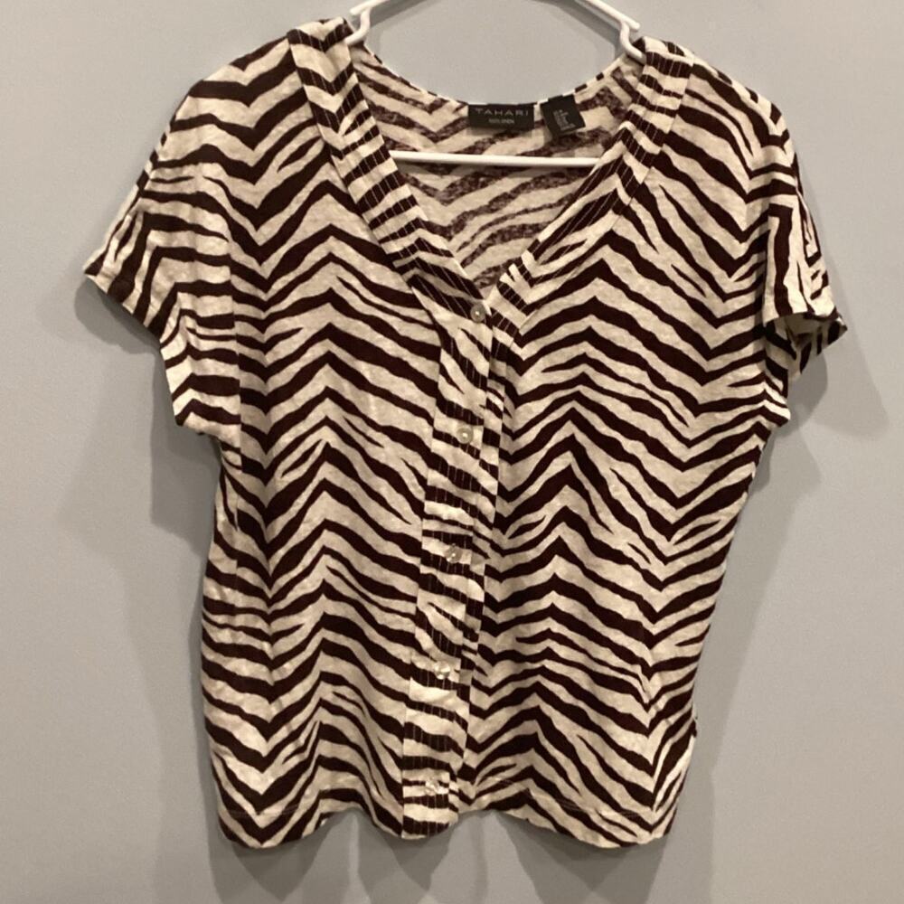 Tahari Womens Linen Zebra Print Button‎ Up Short Sleeve Shirt Size Medium Brown